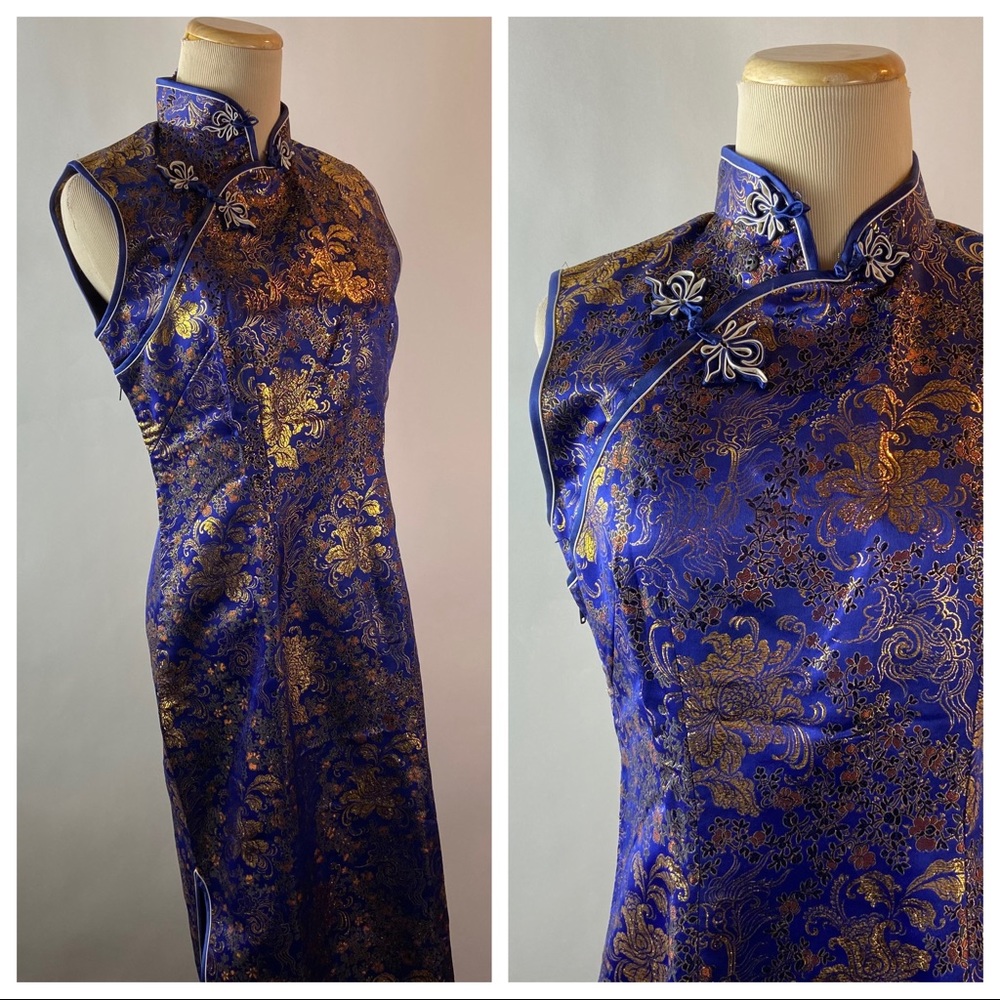 Vintage Folz Solz Squirrel Size 36 Small Blue Cheongsam Asian Floral Print Dress